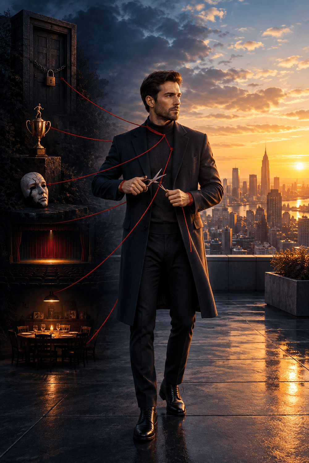 Entrepreneur cutting red threads to old patterns on rooftop, breaking unconscious self-sabotage