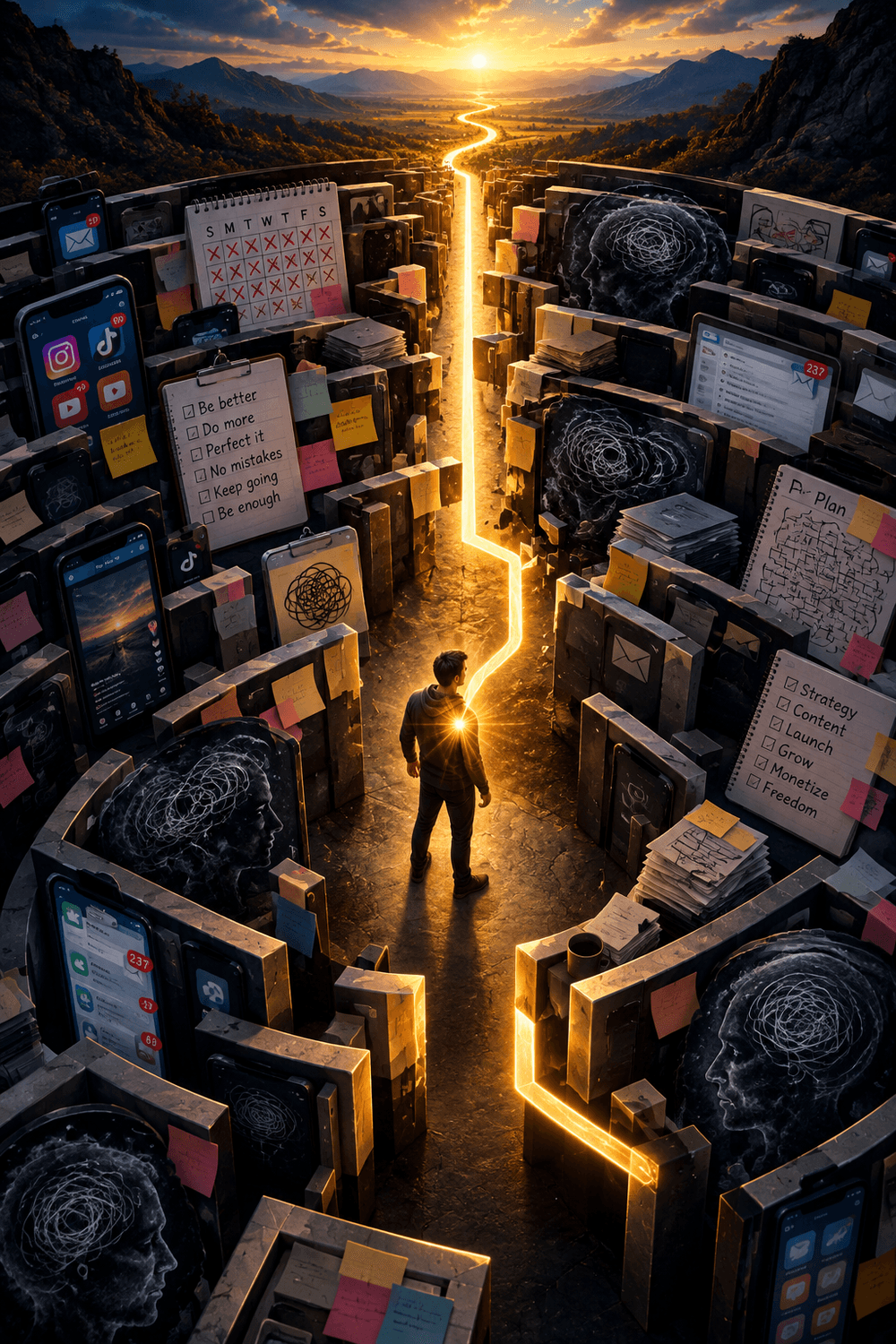 Man in maze of plans and screens finding a path out of self-sabotage
