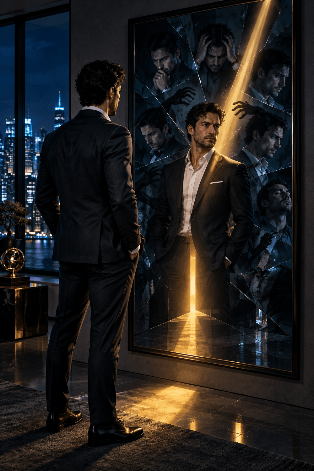 Ambitious entrepreneur facing a mirror that reflects inner conflict, overthinking, perfectionism, and fear of failure behind procrastination.
