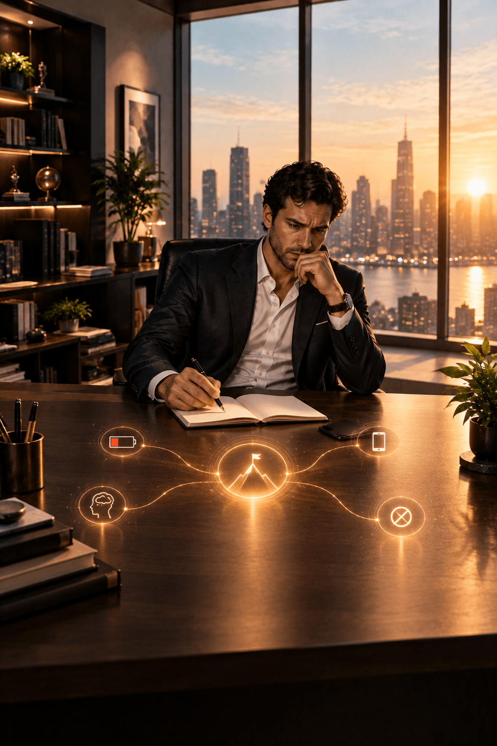 Entrepreneur reviewing patterns at sunrise with visual cues of self-awareness, showing how to follow through consistently by spotting resistance early.