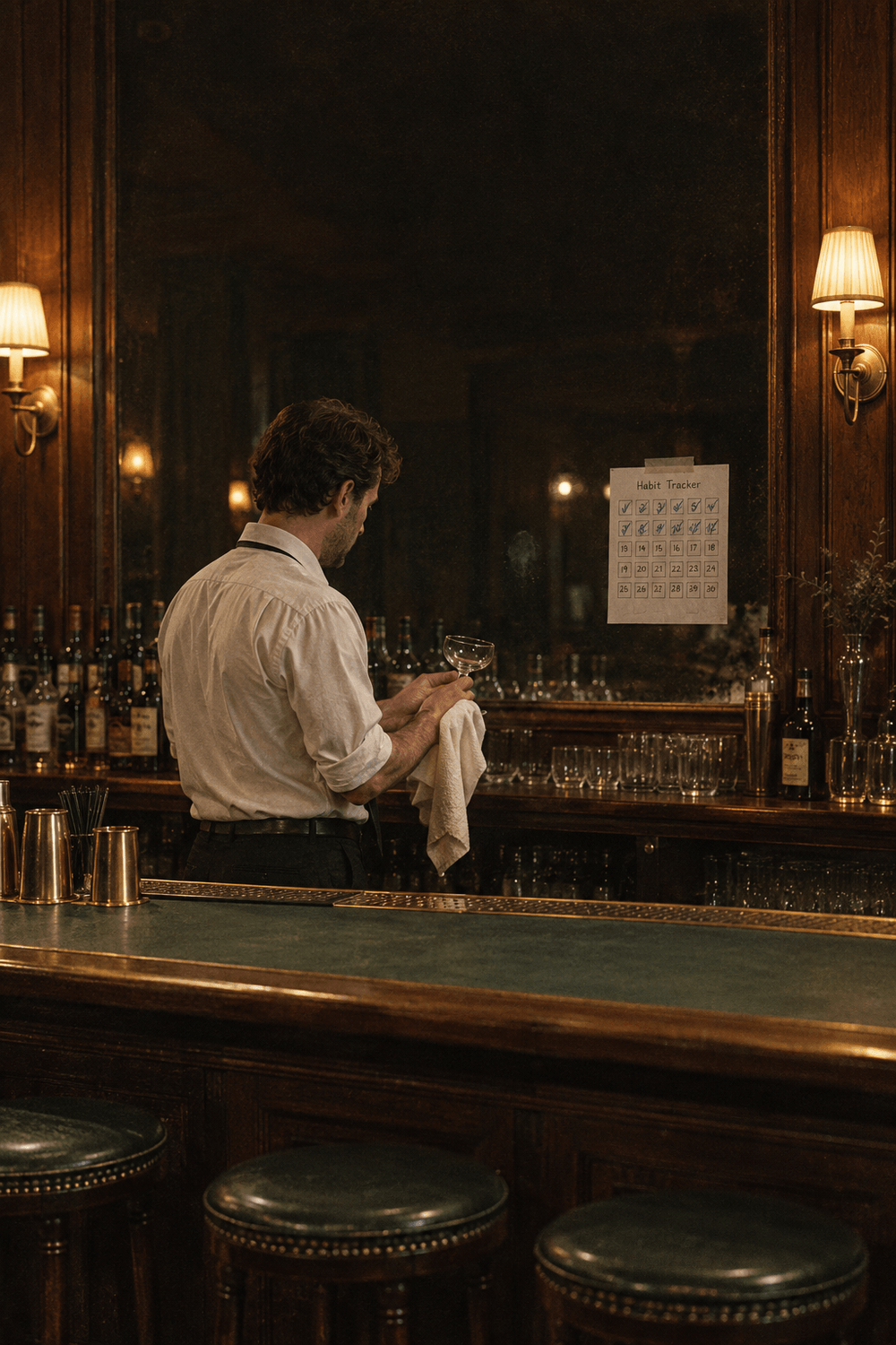 Bartender in rolled-sleeve shirt polishing a clean glass beside a habit tracker with only twelve days ticked off
