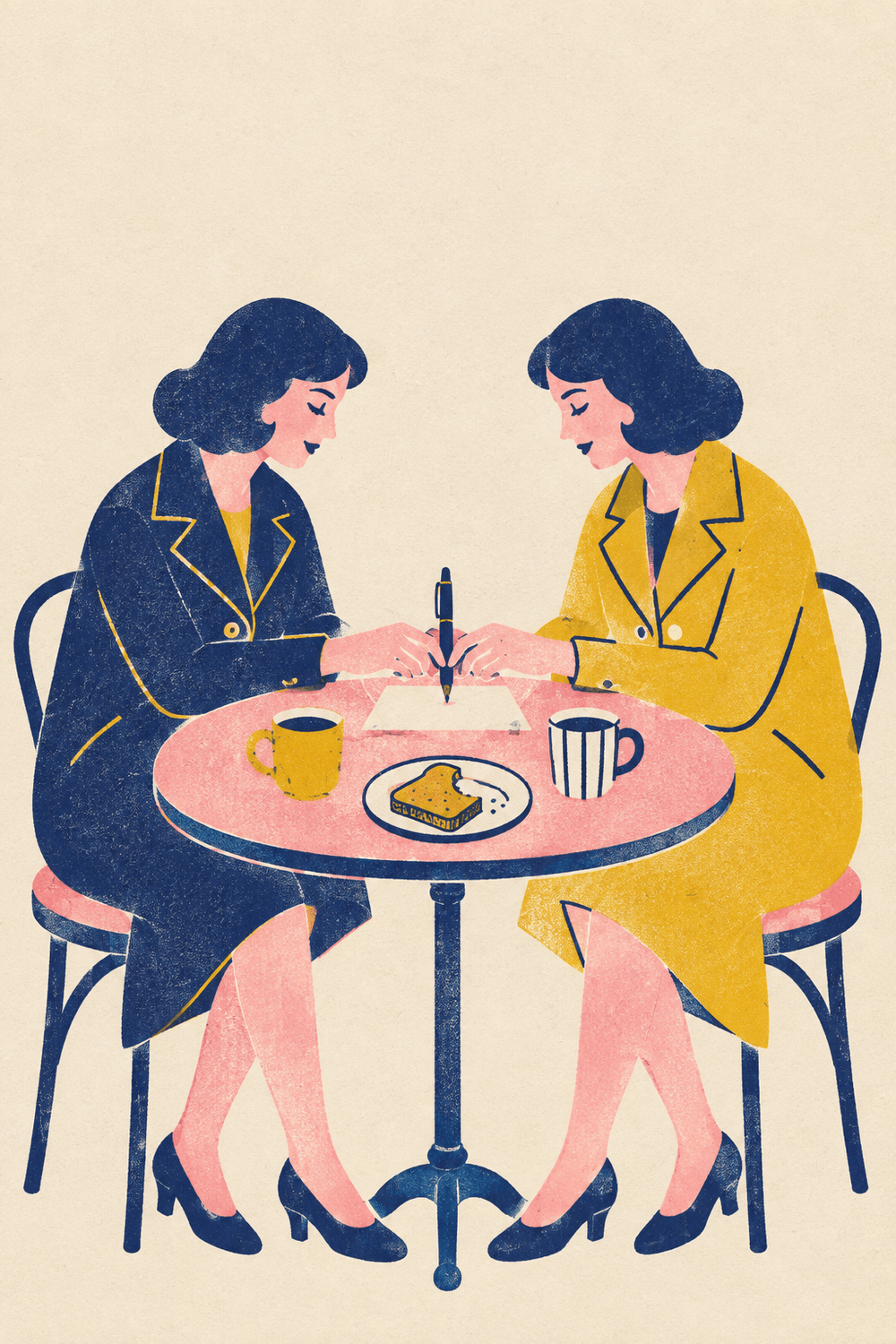 Two identical women in navy and mustard coats share one pen over paper, resolving inner conflict