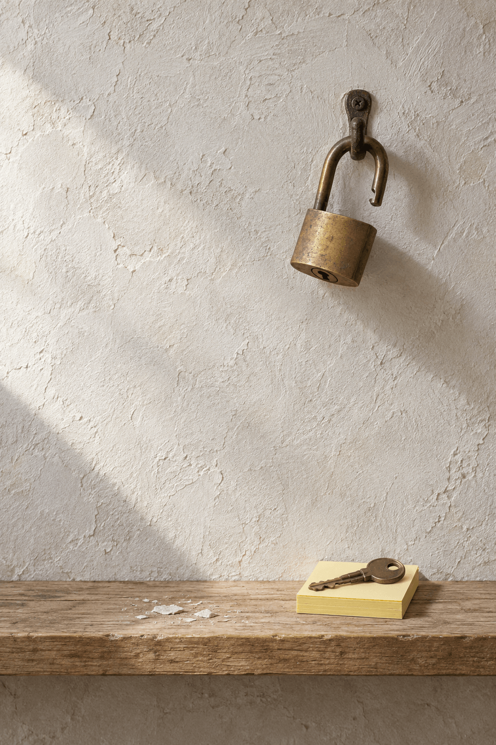 Open brass padlock hanging on a wall hook, its key resting on sticky notes, symbolizing a released limiting belief