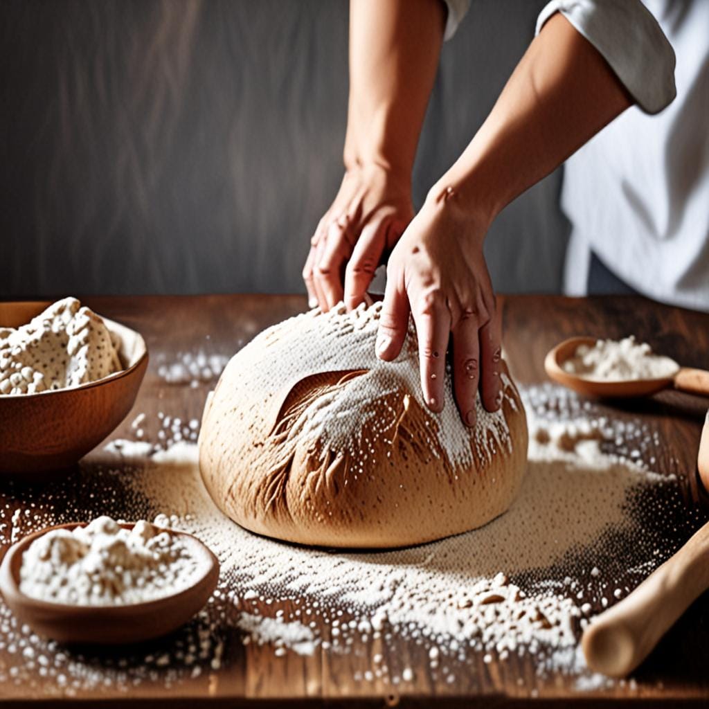 hands shaping bread dough, wooden table, flour dust