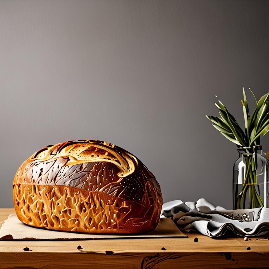 golden sourdough loaf, rustic kitchen counter
