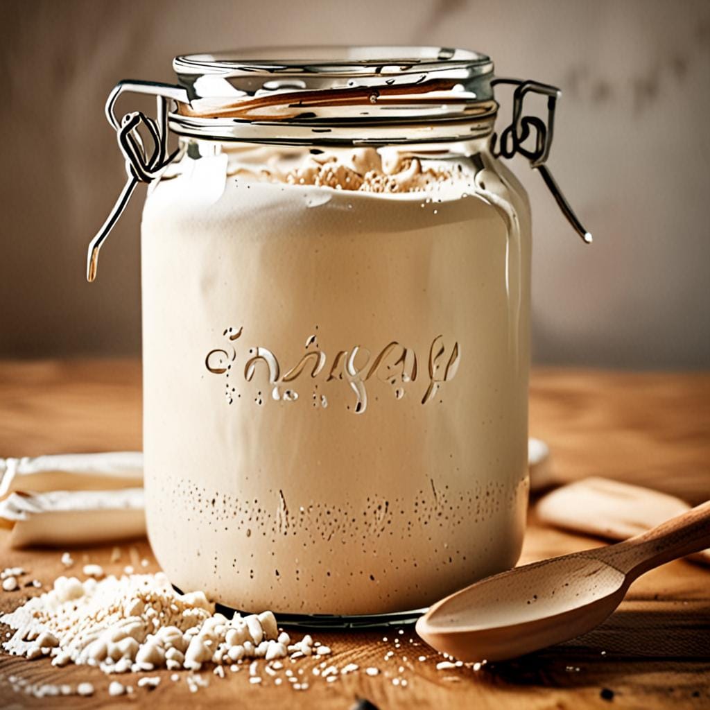 sourdough starter jar, flour, wooden spoon