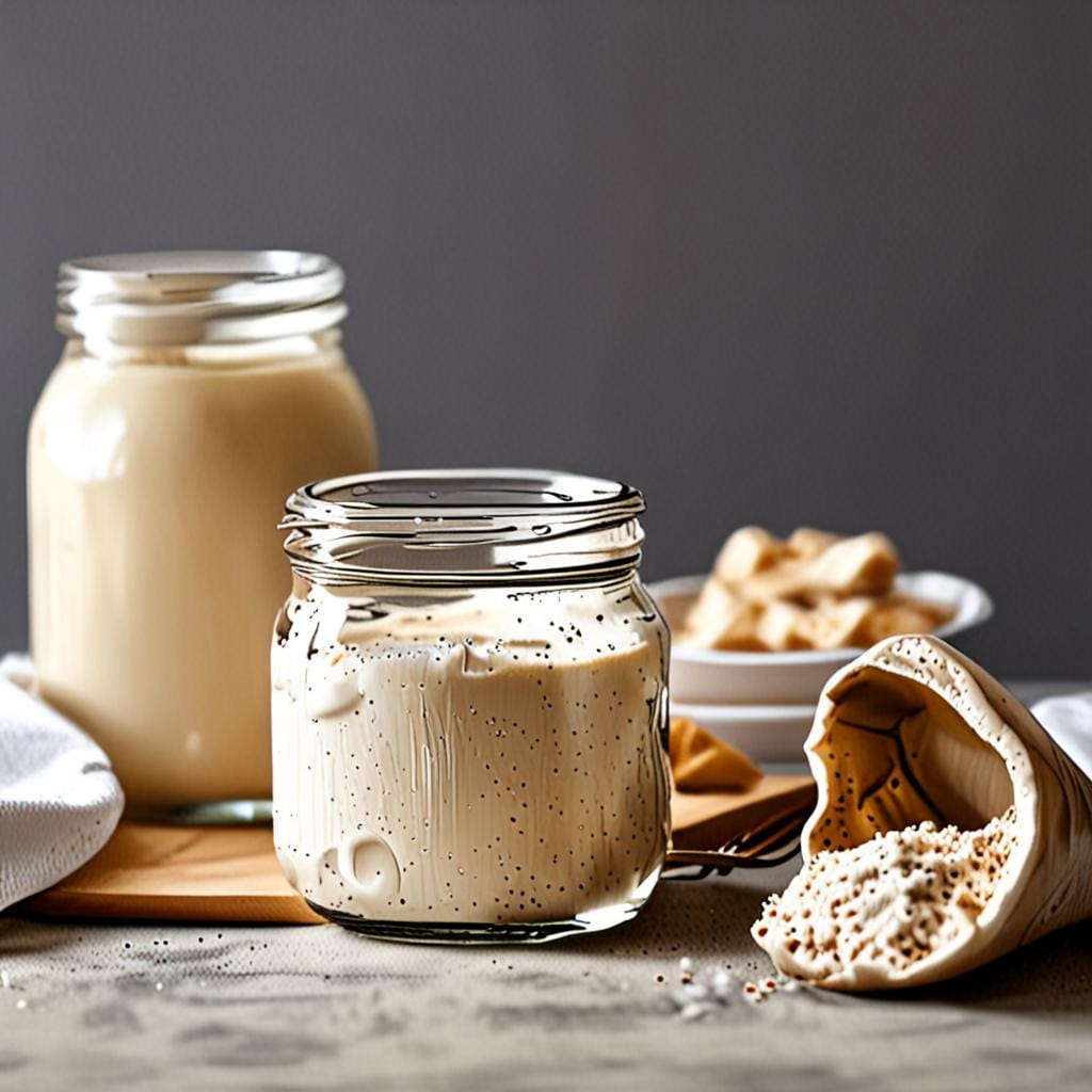 bubbly sourdough starter in glass jar, kitchen counter