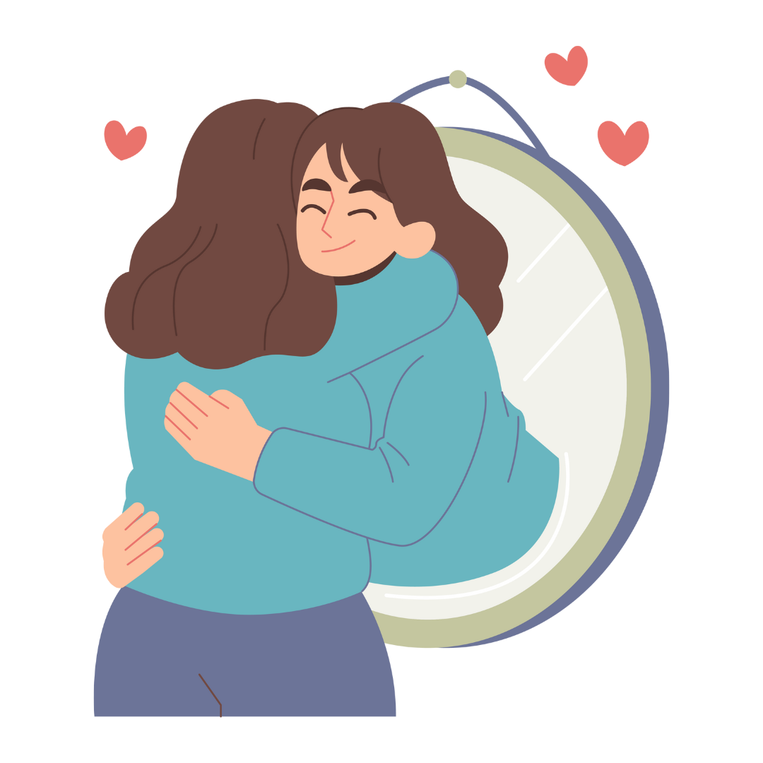 A cartoon image of a person hugging themselves coming out of a mirror in front of them.