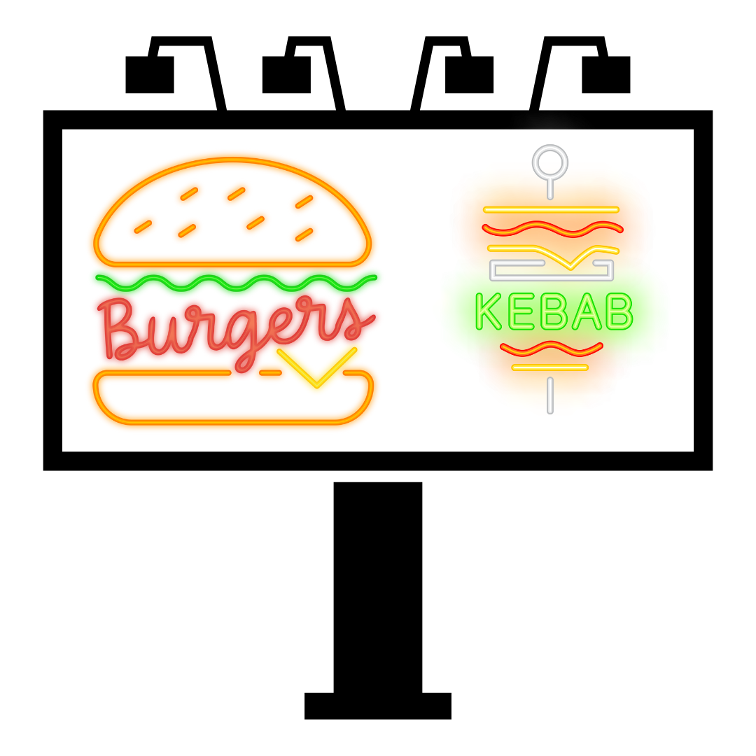 A cartoon image of a billboard with neon writing and images. On the left is a burger with 'burger' written in between the bun and to the right is a kebab with 'kebab' written through the spike. 