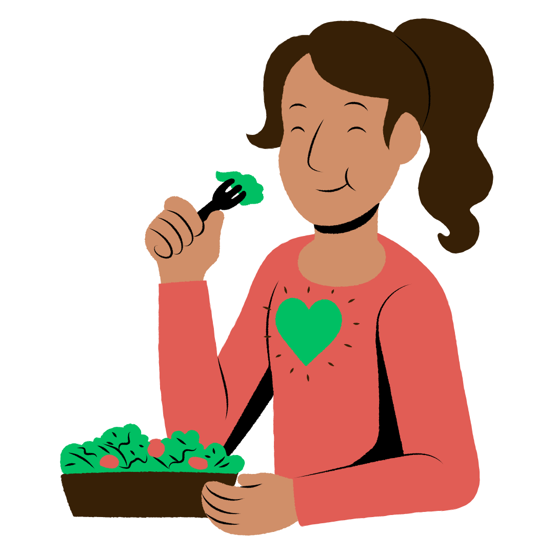 Cartoon image of a person eating a salad with a smile on their face. They have lettuce on their fork and a plate in front of them with salad leaves and tomatoes. 