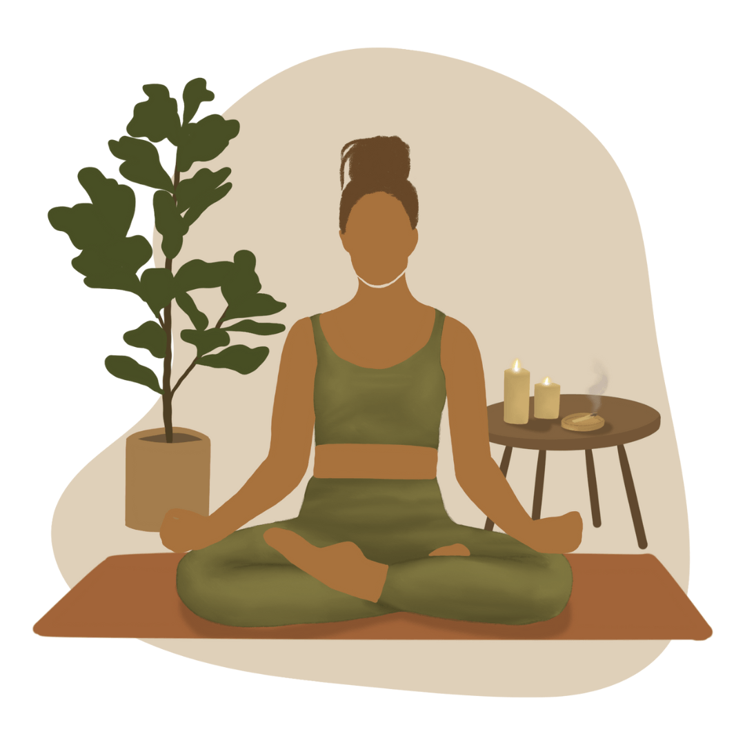 Cartoon image of a person sat with their legs crossed in front of them on a yoga mat. Behind them is a table with 2 candles on and a plant on the floor. 