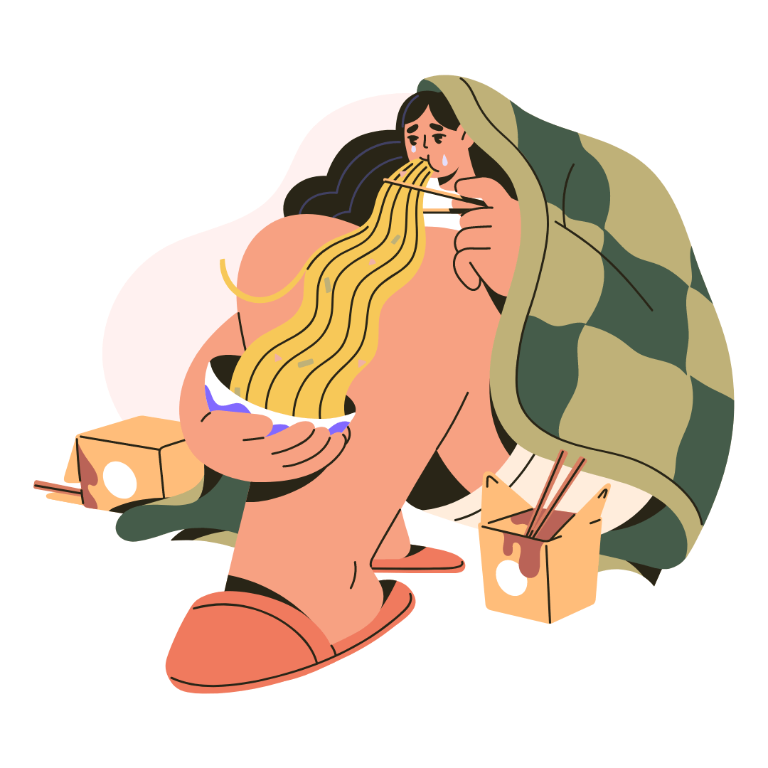 Cartoon image of a person with a blanket over their head eating a bowl of noodles. Around them is take out cartons with chopsticks in. 