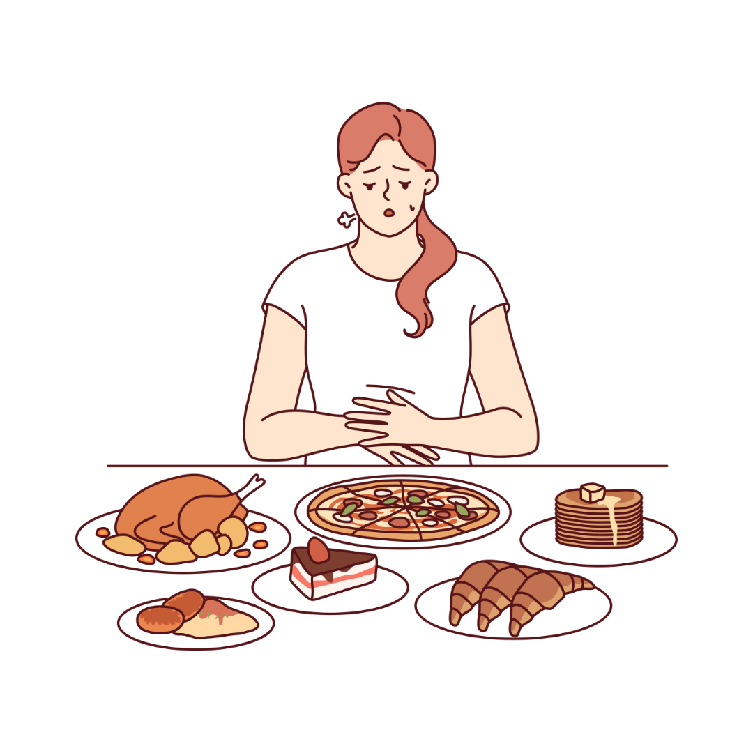 Cartoon image of a person looking full holding their belly. In front of them is a table with food on (chicken, pizza, pancakes, cake)