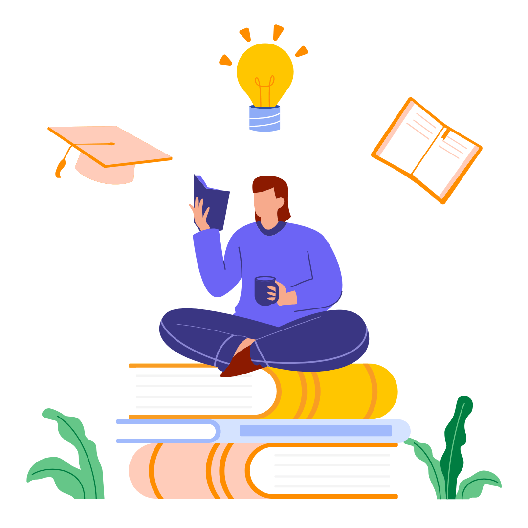 Cartoon image of a person sat on oversized books. Around them is a notebook, graduation cap and lightbulb. 