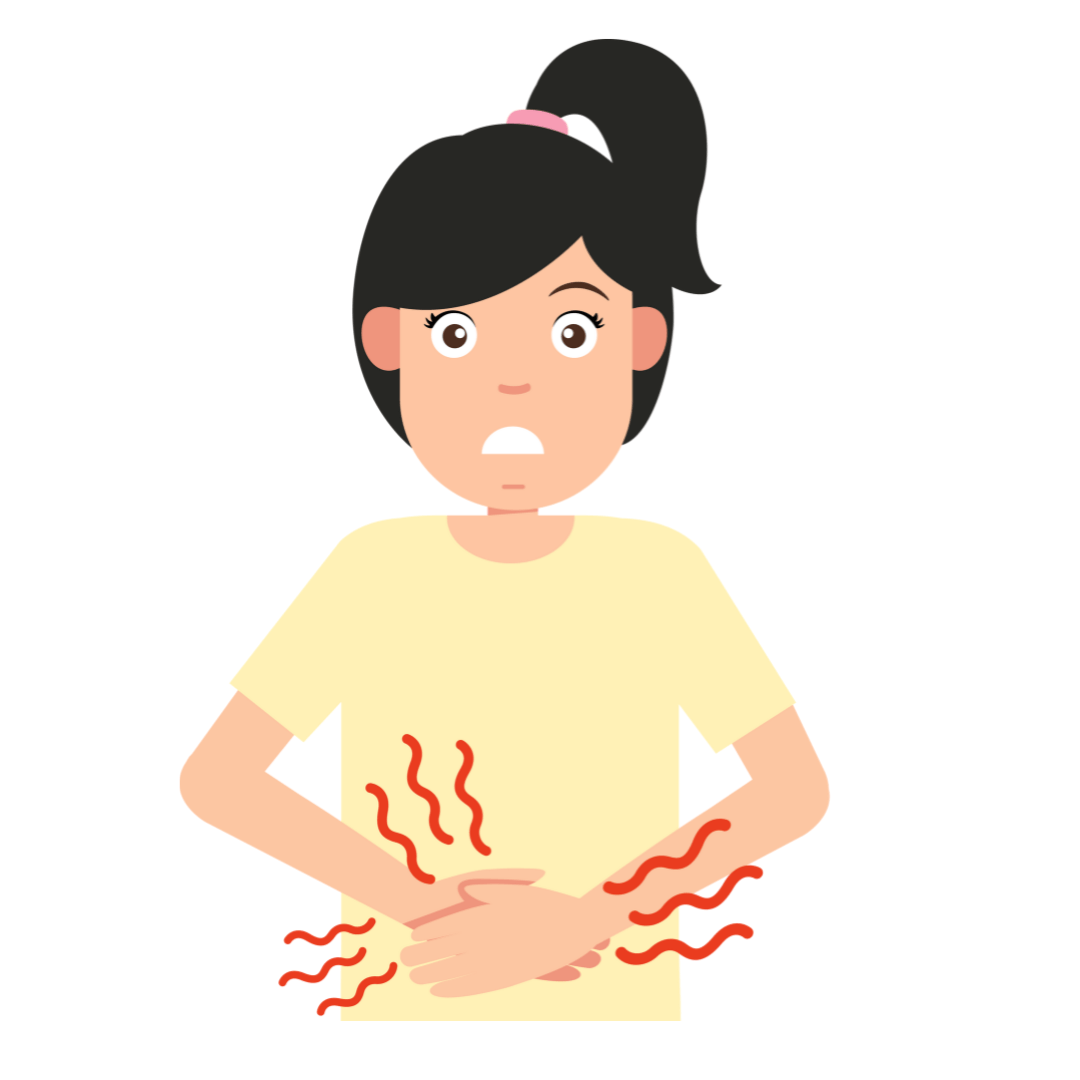 Cartoon image of a person looking angry, they have their hands on their stomach with red lightening bolts coming out to show hunger. 