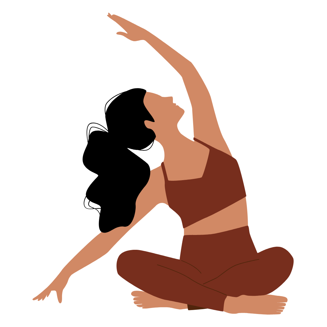 Cartoon image of a person sat with their legs crossed, they have one arm out to the side and the other above their head. They are looking up and to their arm. 