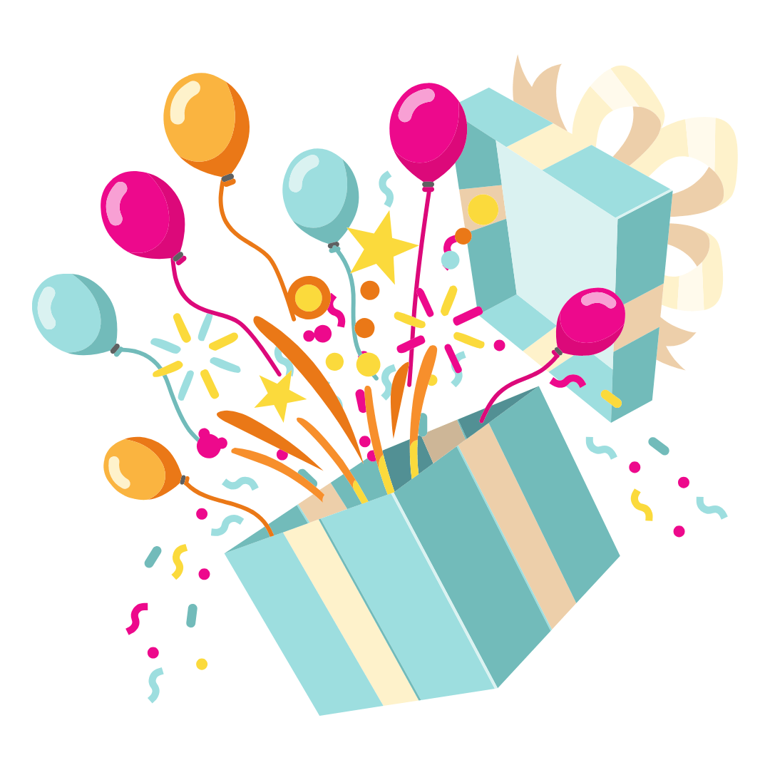 A cartoon image of a blue gift box with the lid popping off. 7 coloured balloons are coming out of it with confetti (orange, blue and pink).
