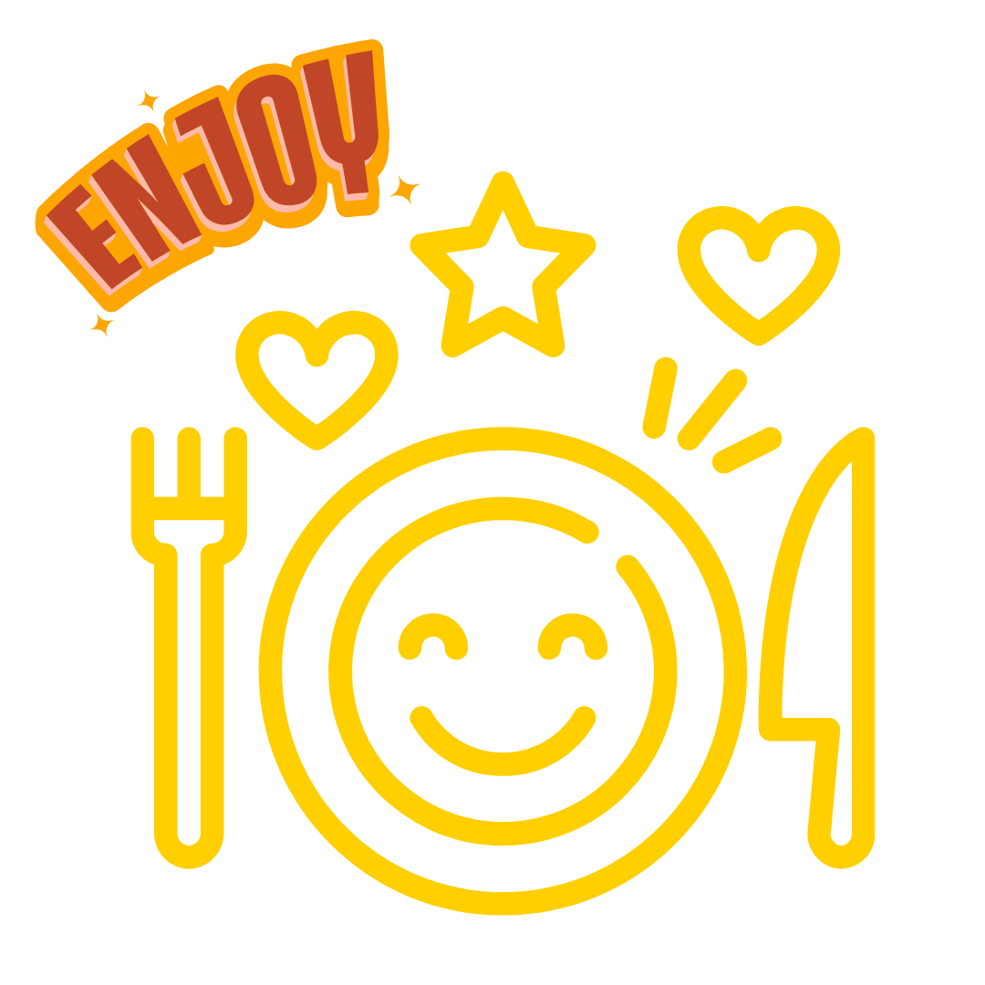 Cartoon image of a plate (with a smiley face on), fork and knife with 2 hearts and a star on top. Above it says 'enjoy' in dark orange with a light orange outline.