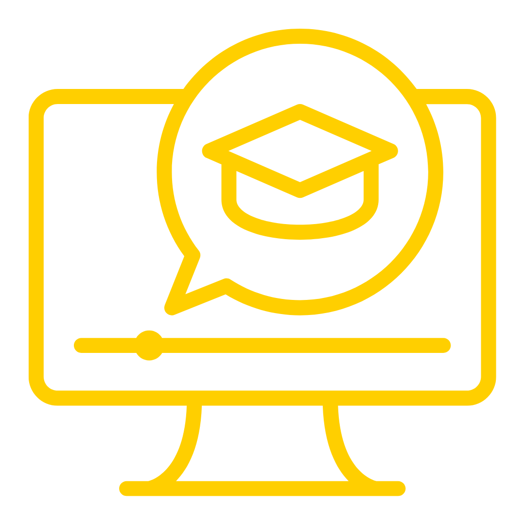 Yellow outline of a PC monitor with a speech bubble with a graduation hat in the middle.