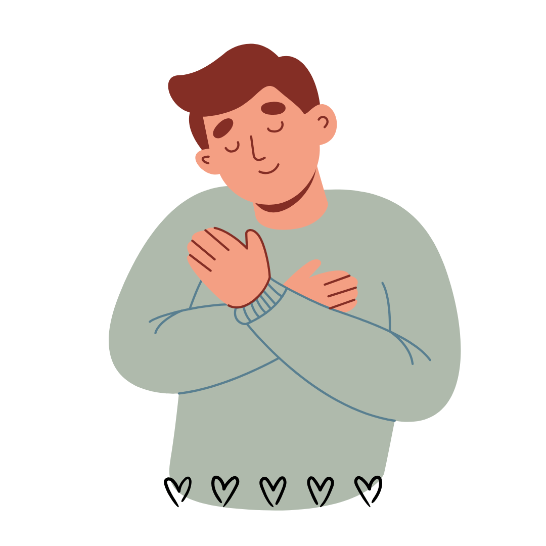 Cartoon image of a person with their eyes closed with their hands across themselves, giving themselves a hug. Under them is 5 back heart outlines.