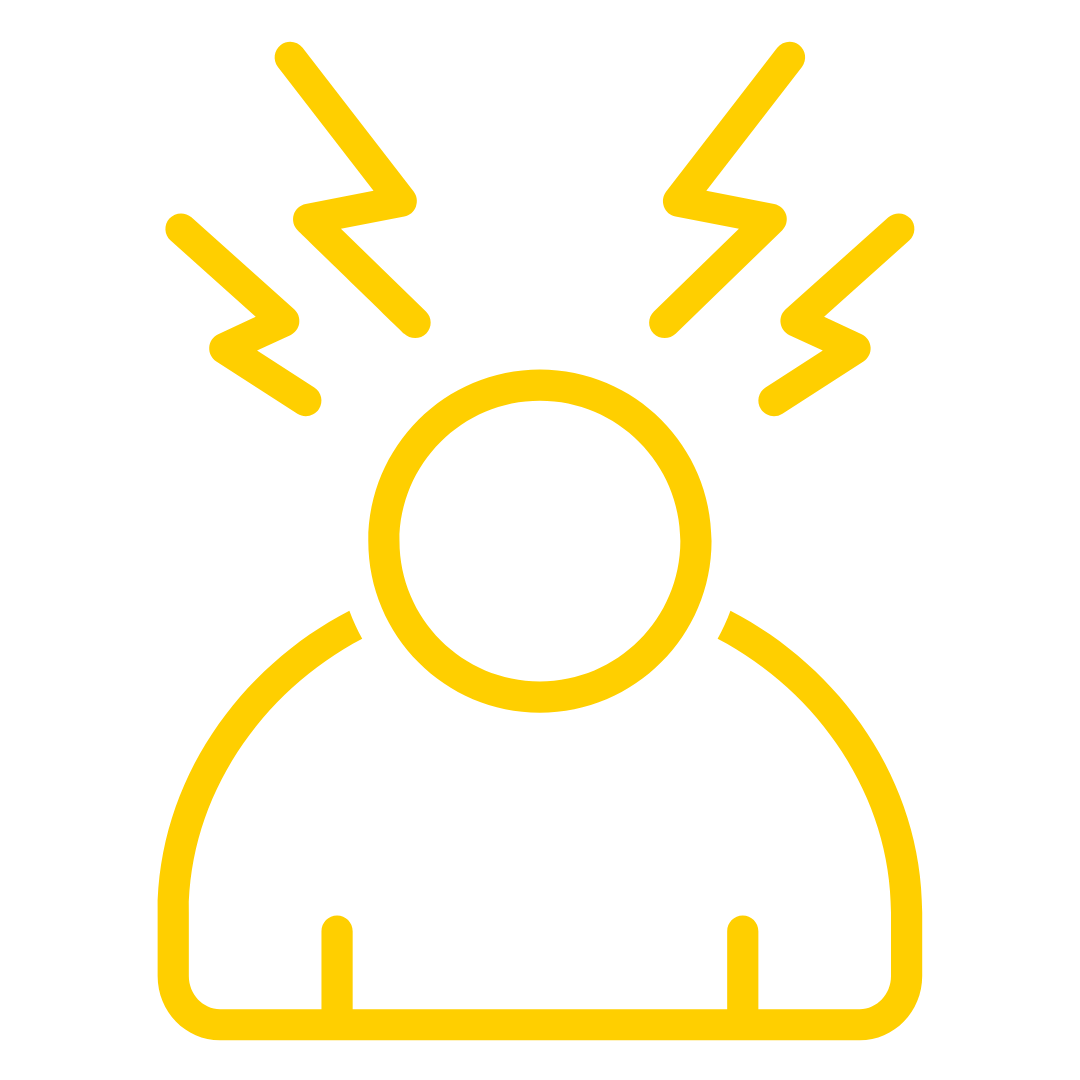 Yellow outline of a person with lightening bolts coming out their head.