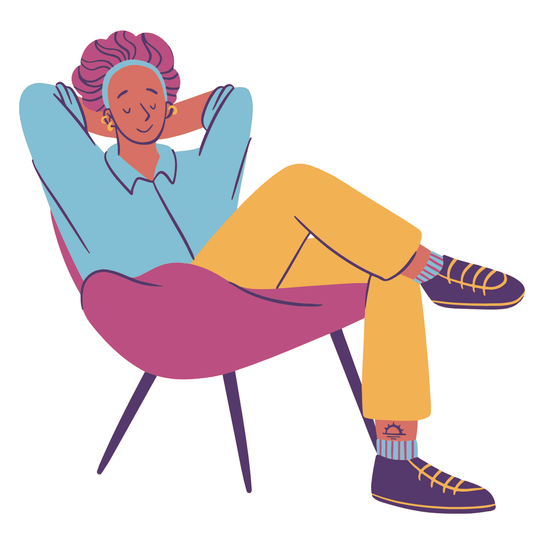 Cartoon image of a person sat back in a chair with their hands behind their head relaxing.