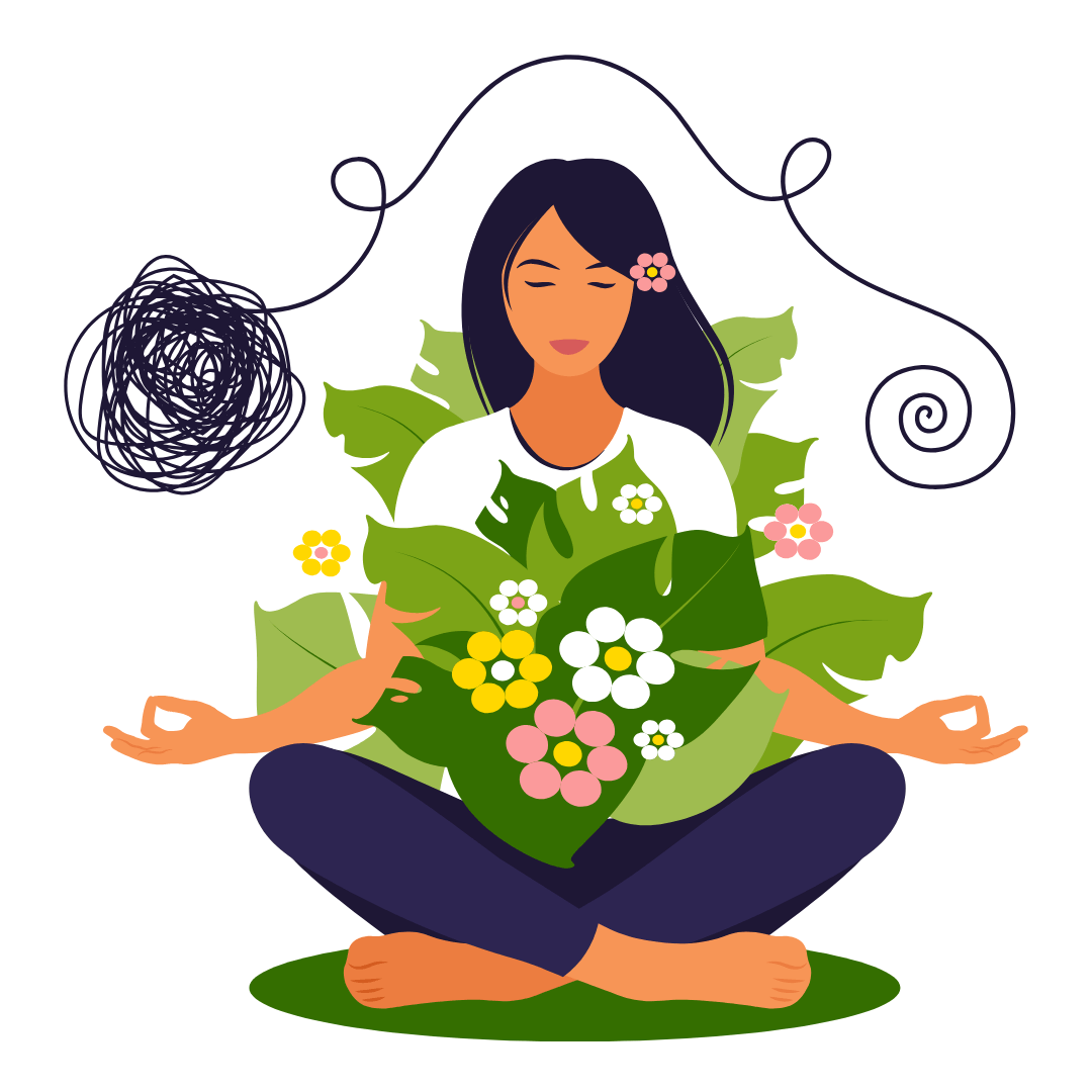 Cartoon image of a person sat with their legs crossed, meditating. They have their eyes closed and hands on their knees. They have flowers on their lap and behind their back. There is a wound up line to their left that goes into one piece over their head and to their right a nice circle. 