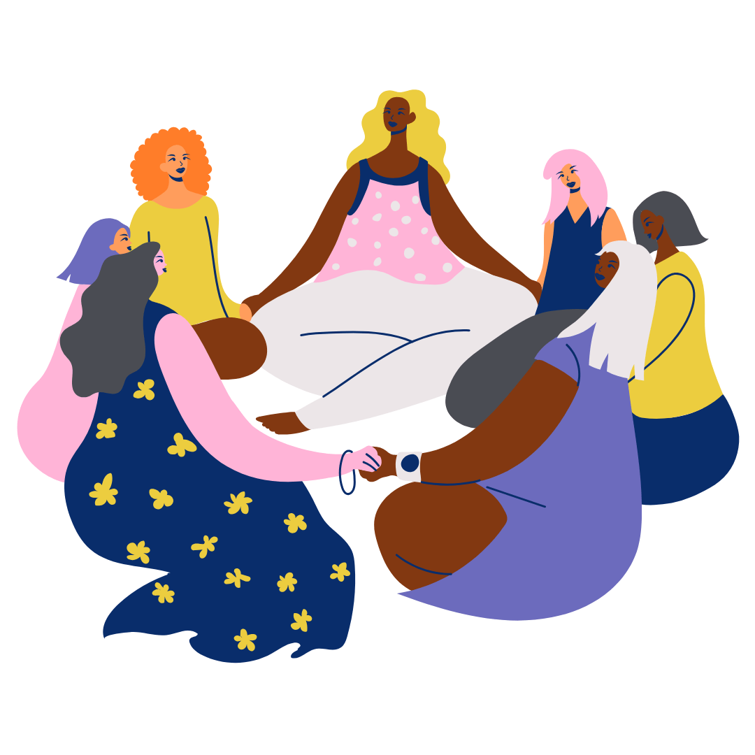 Cartoon image of 7 people sat in a circle with their legs crossed holding hands. 