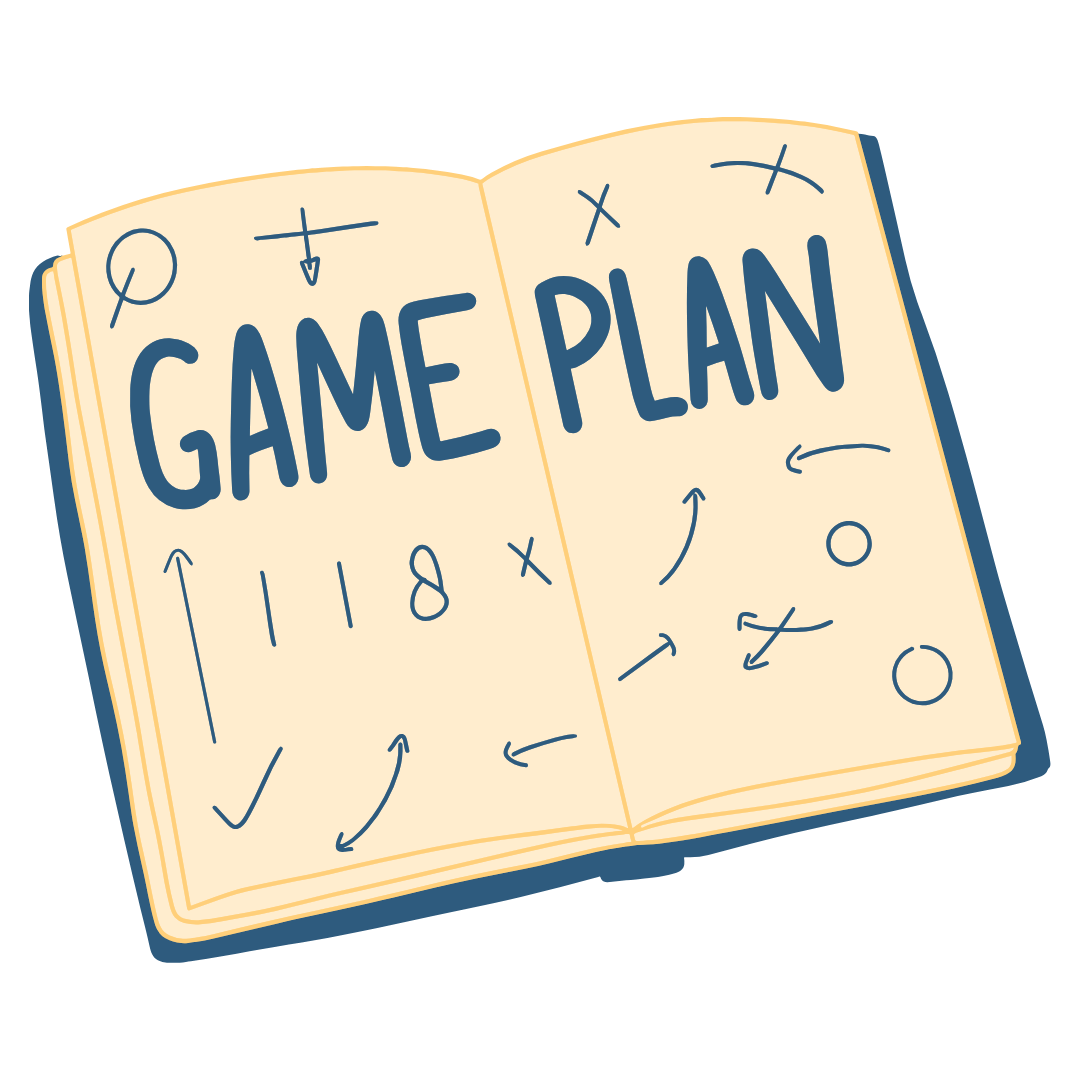 Cartoon image of an open notebook with 'game plan' written over the two pages in blue. There are little doodle symbols over the pages. 