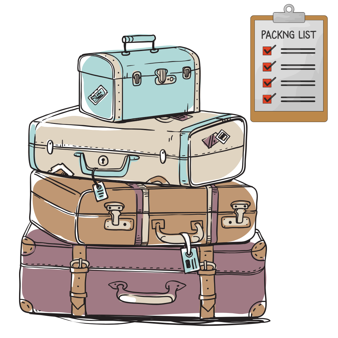 Cartoon image of 4 suitcases stacked on top of each other, smallest at the top going bigger to the bottom. Top right of them is a clipboard with lines and ticks on with a title 'packing list'