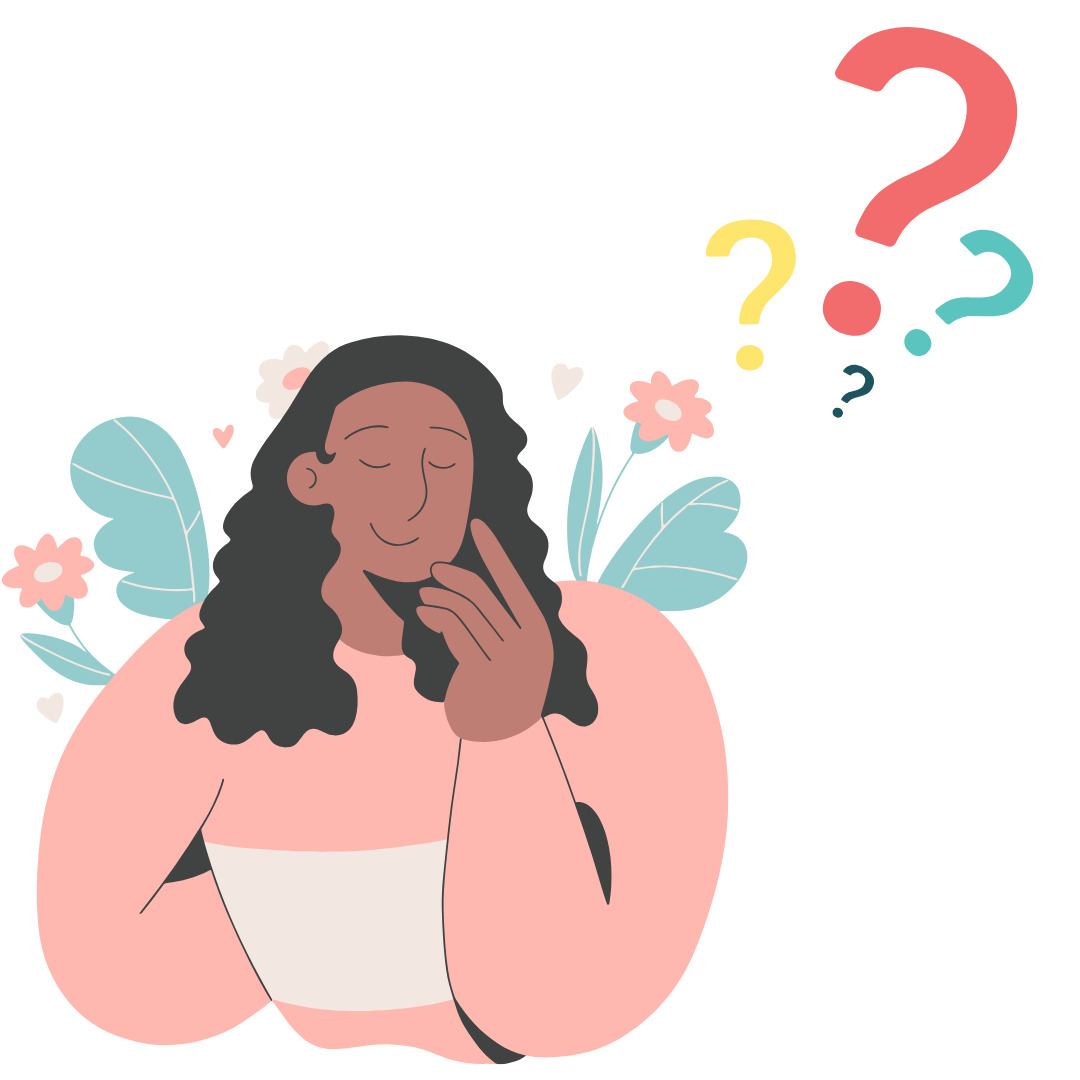 Cartoon image of a person with their eyes closed and their hand to their chin, showing they are thinking. They have plants behind them. To the right of them is 4 question marks.