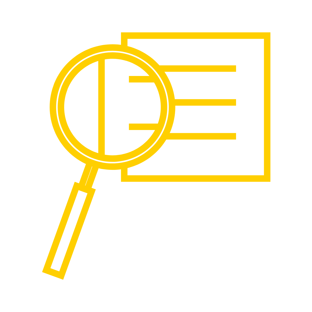 Yellow outline of a magnifying glass with a square with lines in