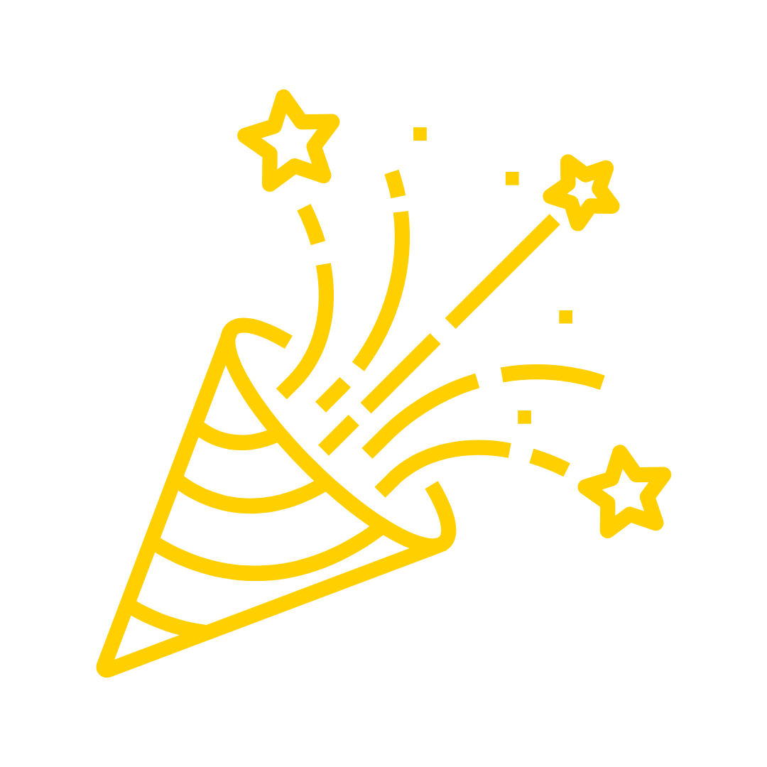 Yellow outline of a party popper with lines and stars coming out of it. 