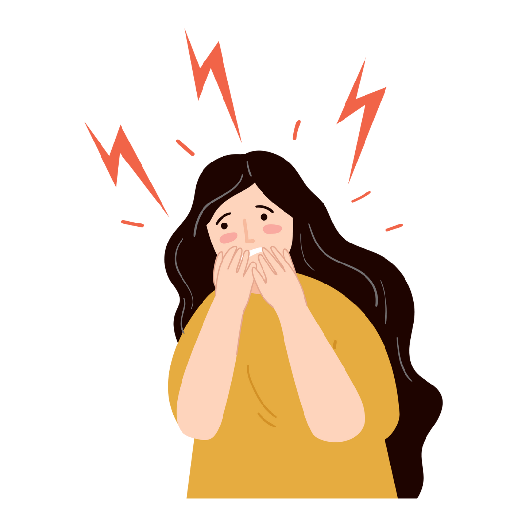 Cartoon image of a person with their hands up to their mouth looking worried. They have 3 red lightening bolts coming out of their head.