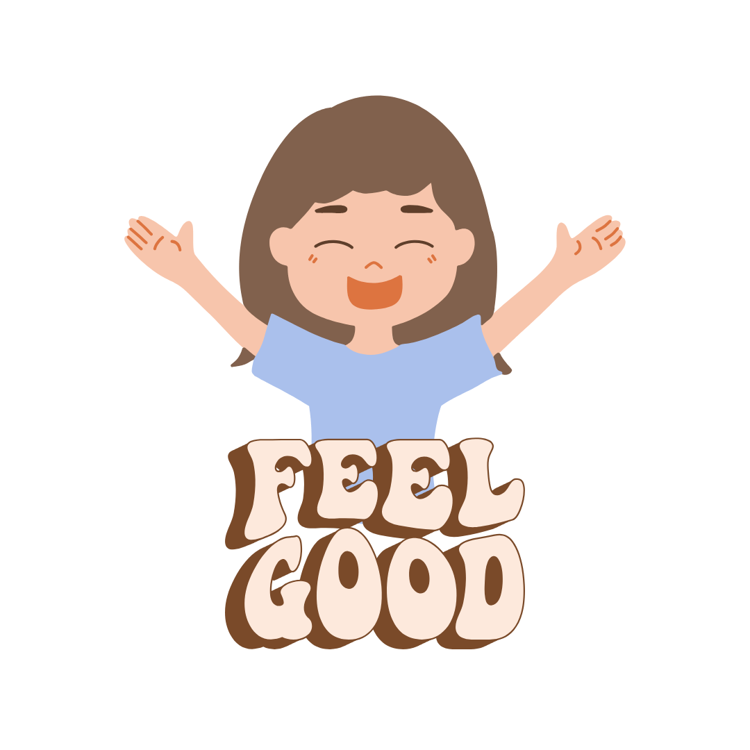 Cartoon image of a person looking happy with their arms in the air. Underneith them it says 'feel good' in brown bubble writing. 