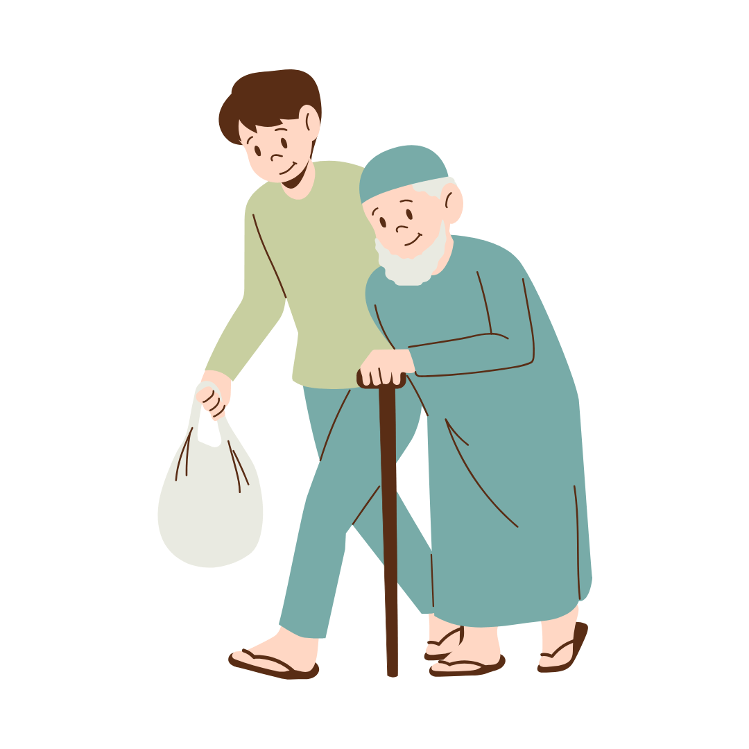 Cartoon image of a younger person helping an older person with a walking stick. They're carrying their bag for them.