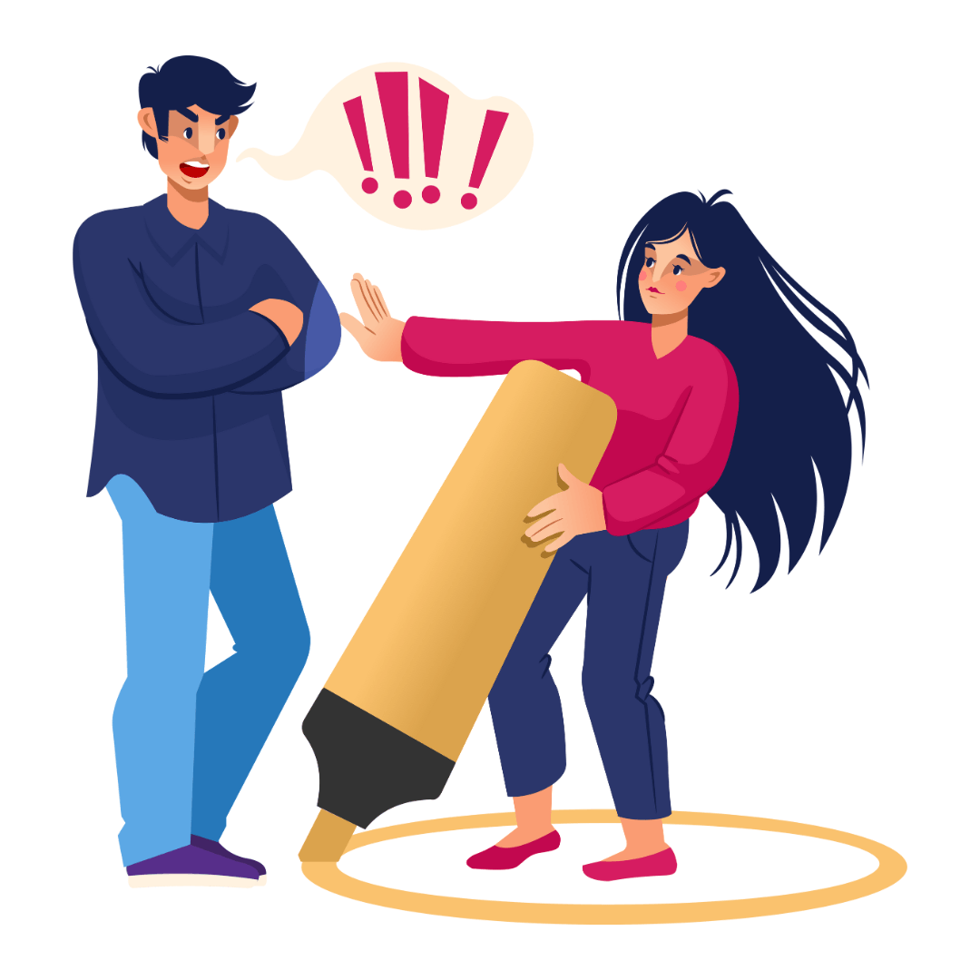 Cartoon image of a person with an oversized highlighter pen drawing a circle around themselves holding their hand out stopping someone else crossing over - showing boundaries. 