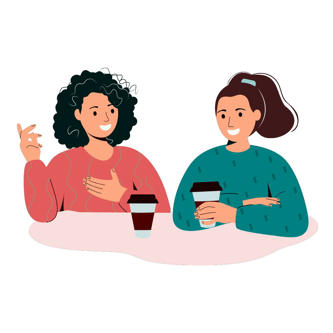 Cartoon image of two people holding coffee cups talking to each other. 