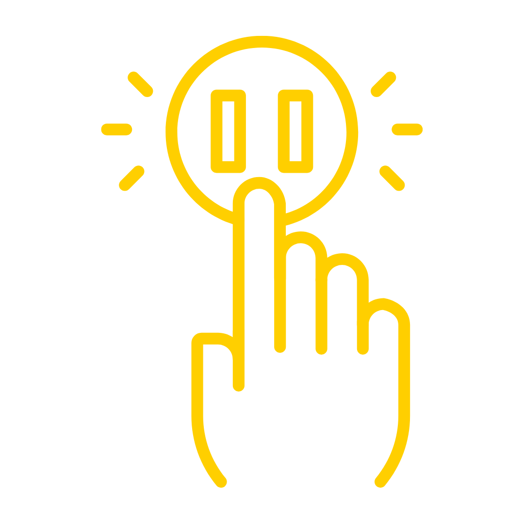 Yellow outline of a finger pointing to a pause symbol with lines coming off it. 