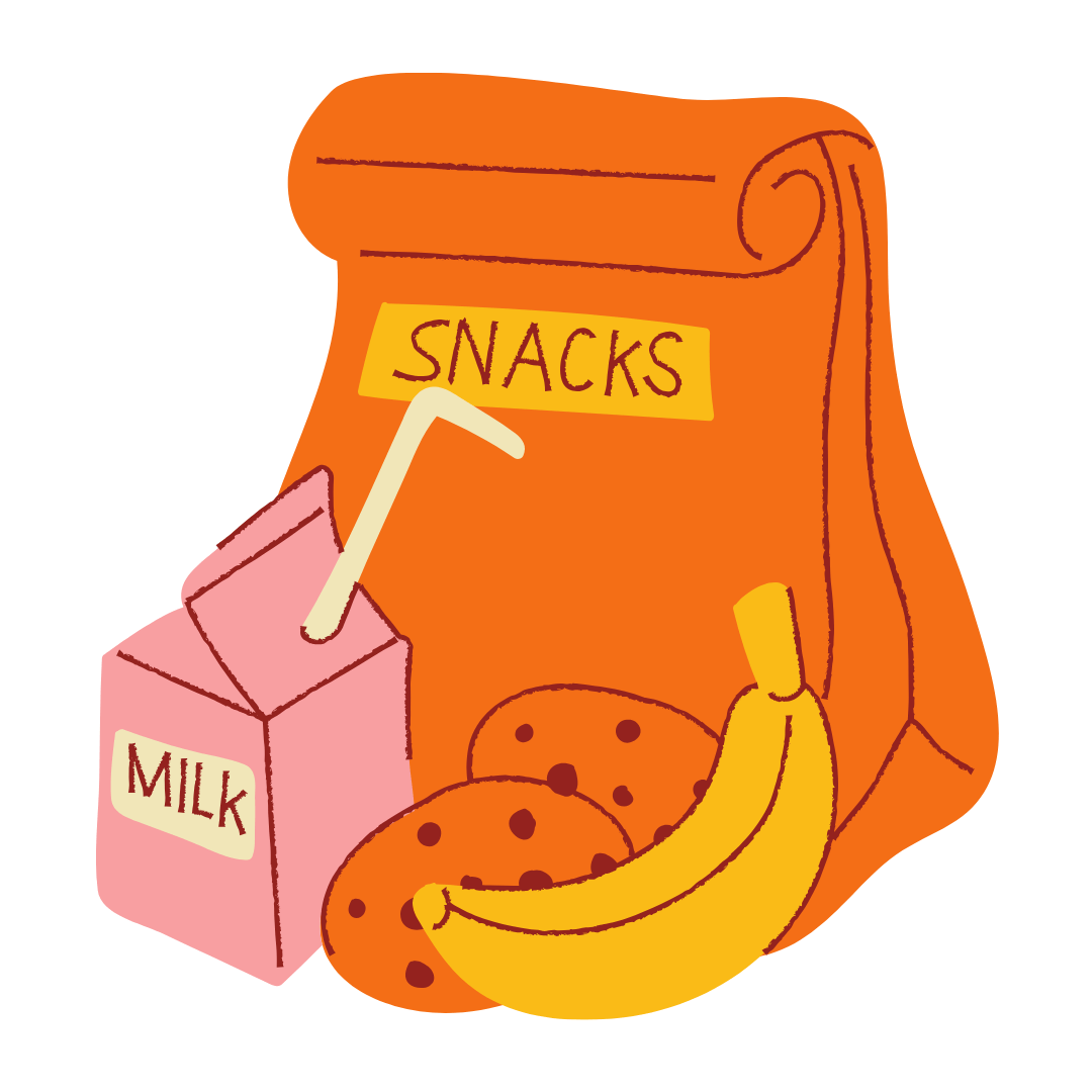 Cartoon image of a bag that says 'snacks' with a milk carton with a straw, 2 cookies, and a banana. 