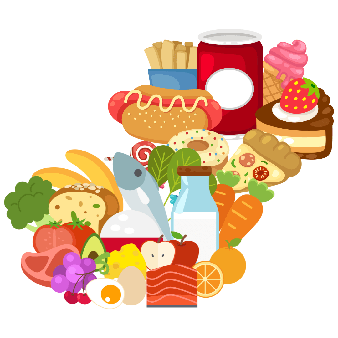 Cartoon image of different types of foods - bread, broccoli, fish, meat, milk, tice, hotdog, pizza, cake, chips, ice-cream, can of pop. 
