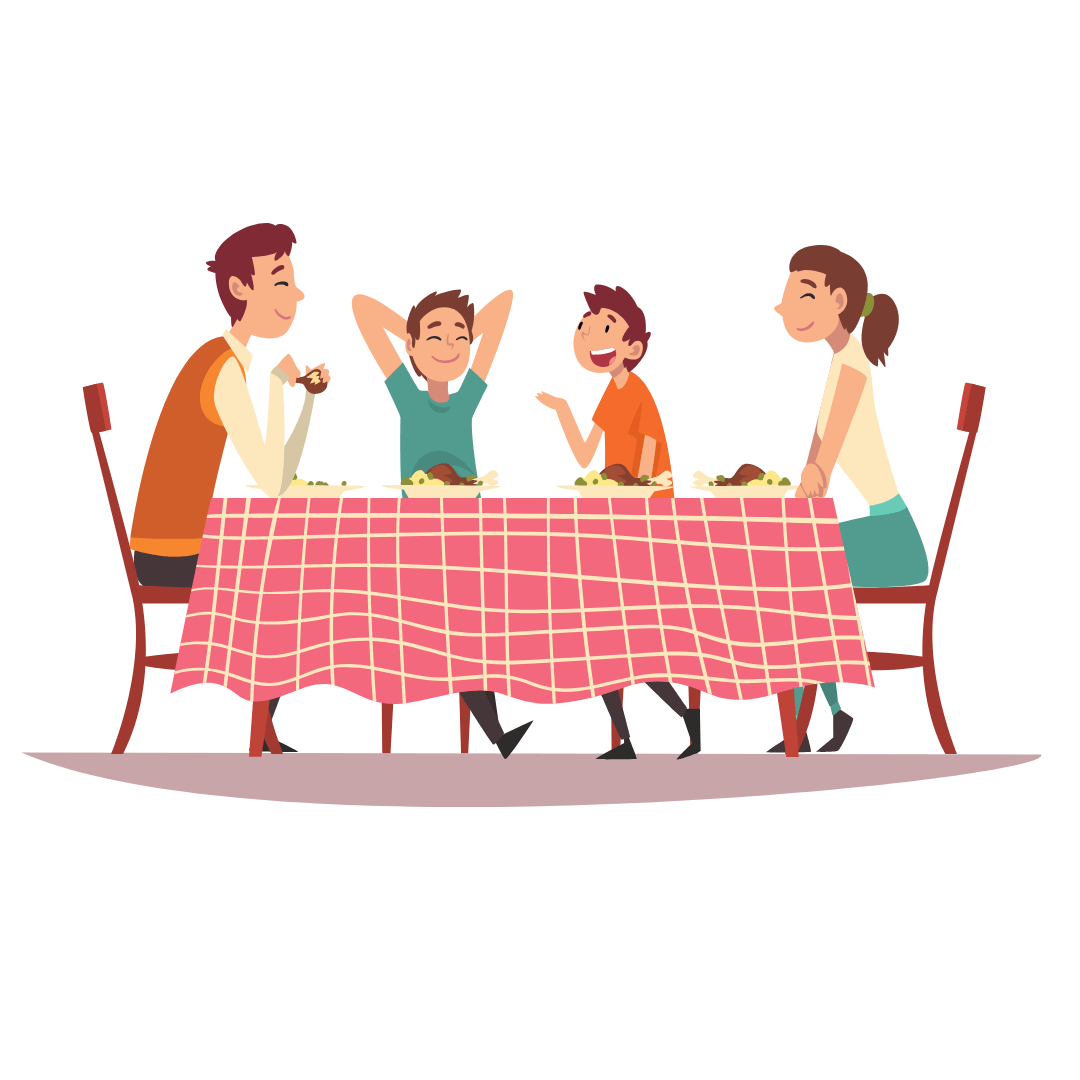Cartoon image of 2 parents and 2 children sat at a dining table talking. They have plates of meatballs and spaghetti. There is a red and white tablecloth on the table.