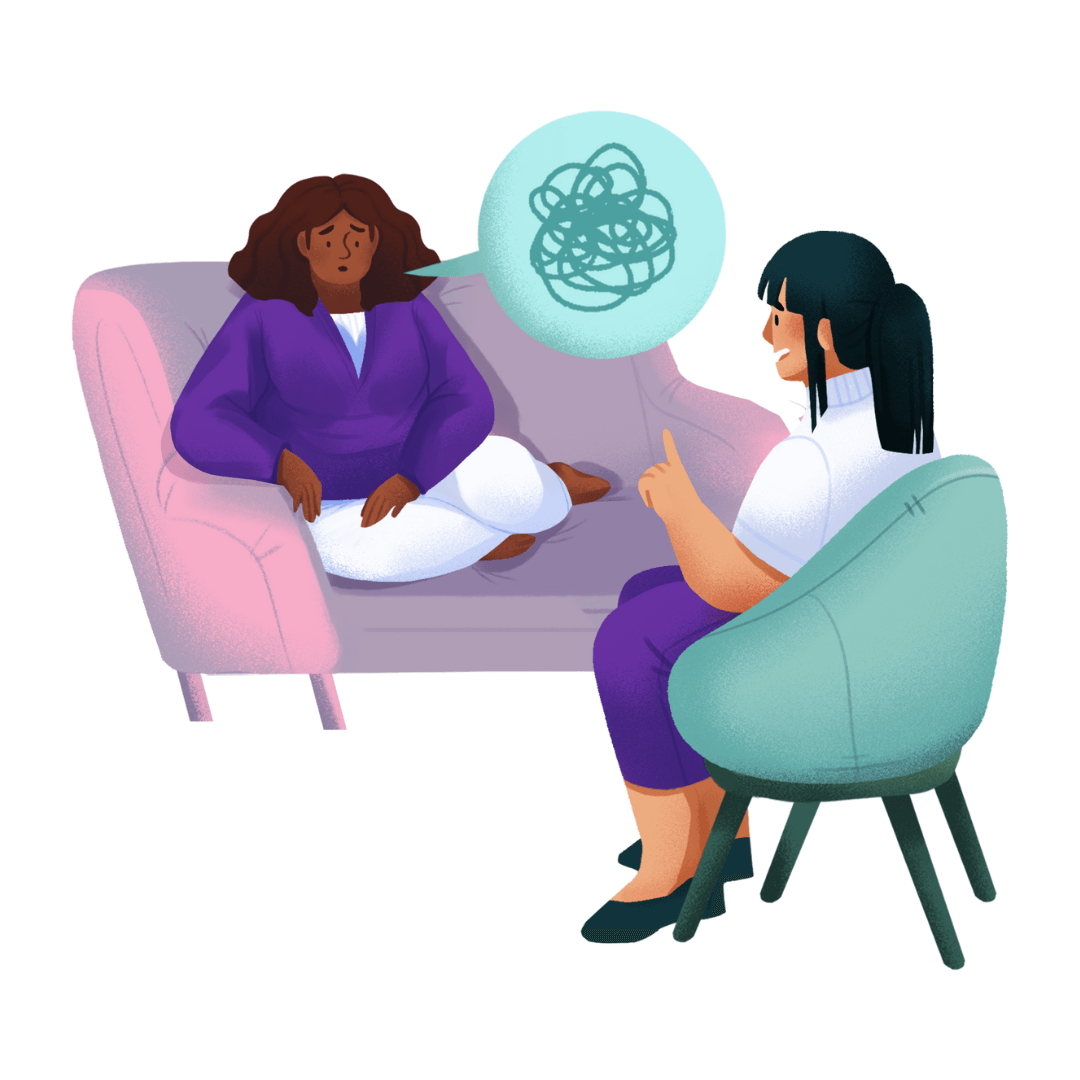 Cartoon image of a person sitting on a sofa with a speech bubble with scribbled lines in it. A person sitting opposite them in a chair talking with her finger pointing up.