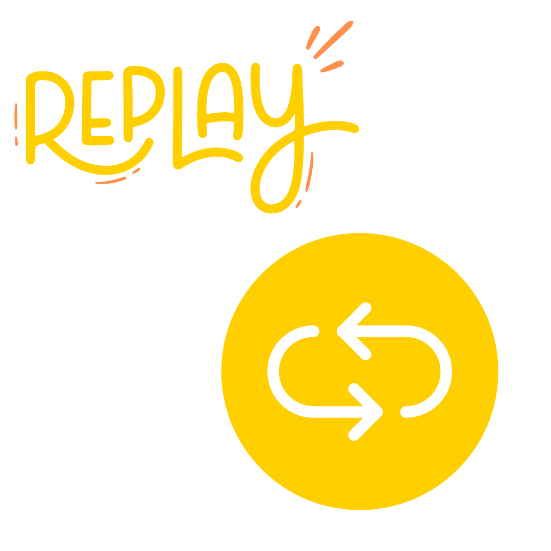 'Replay' written in yellow text with orange lines coming out it. Under it there is a circle with two arrows in a circle. 