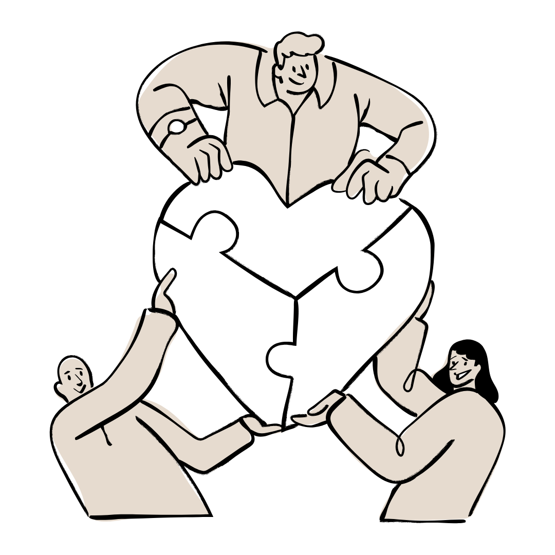 Cartoon image of three people holding jigsaw pieces and placing them together in the shape of a heart.