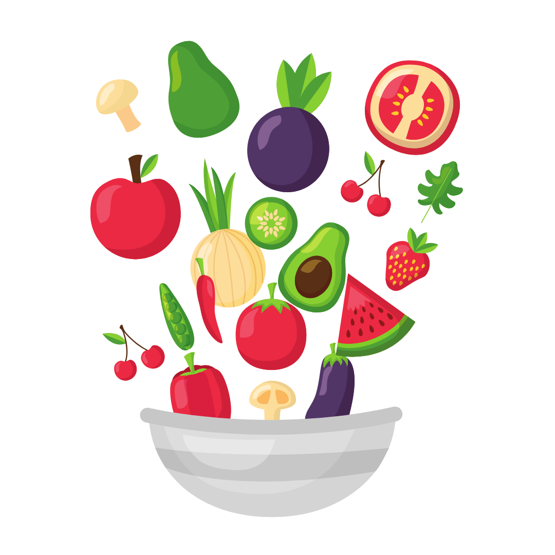 Cartoon image of a bowl with fruit and vegetables falling into it (mushrooms, pears, tomato, avocado, watermelon, cherries, strawberry)