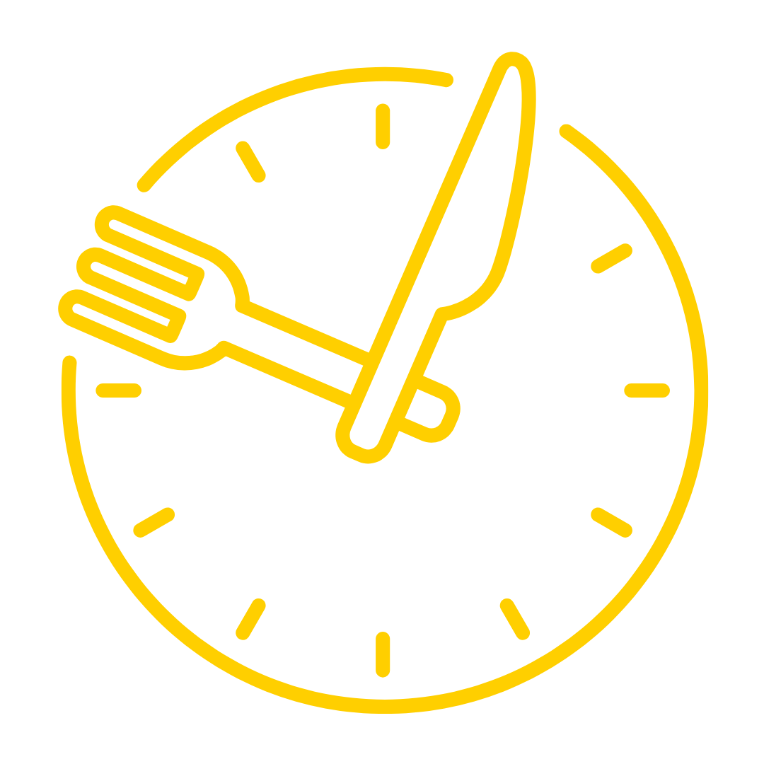 Yellow outline of a clock with a knife and fork as the hands showing time. 