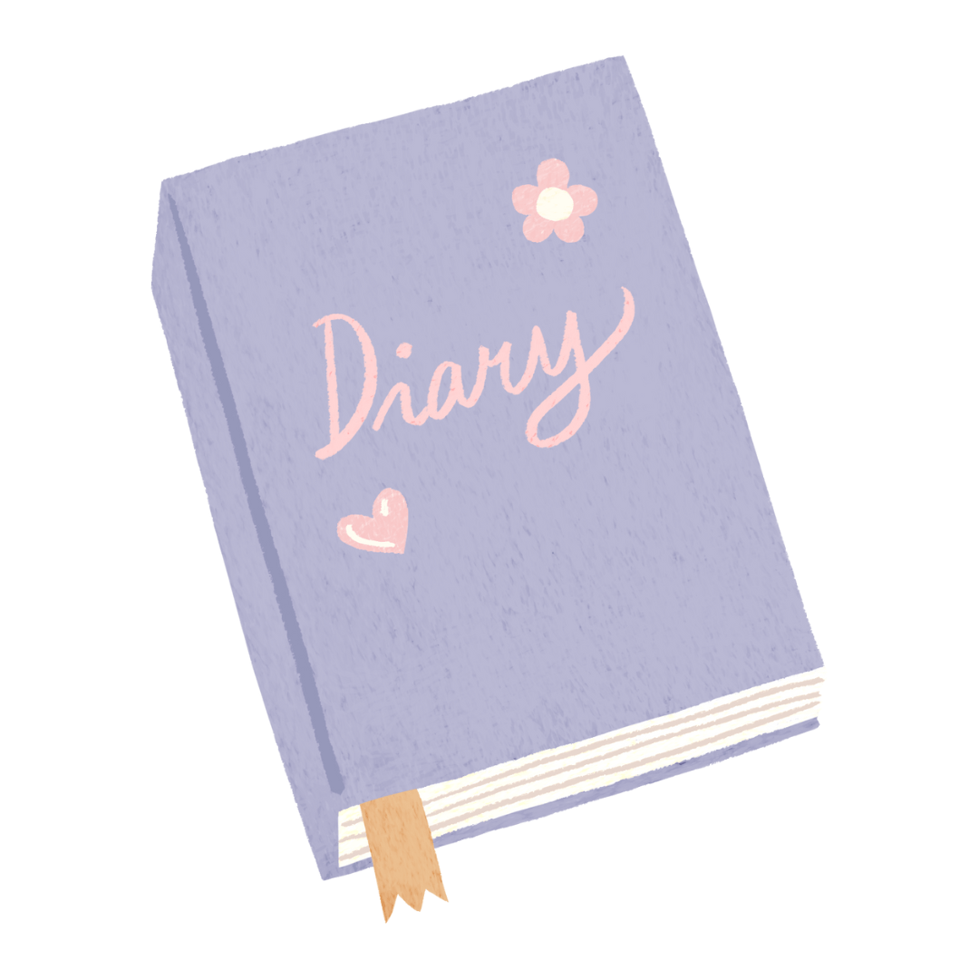 Cartoon image of a purple diary that says 'diary' on the front in pink with a flower. There is a brown bookmark poking out the bottom.