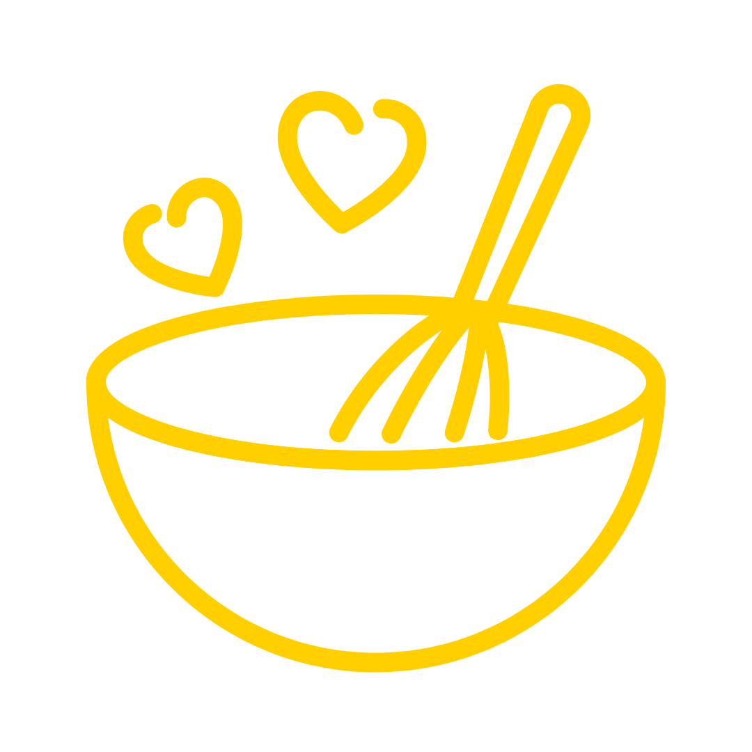 Yellow outline of a mixing bowl with a whisk and two hearts. 