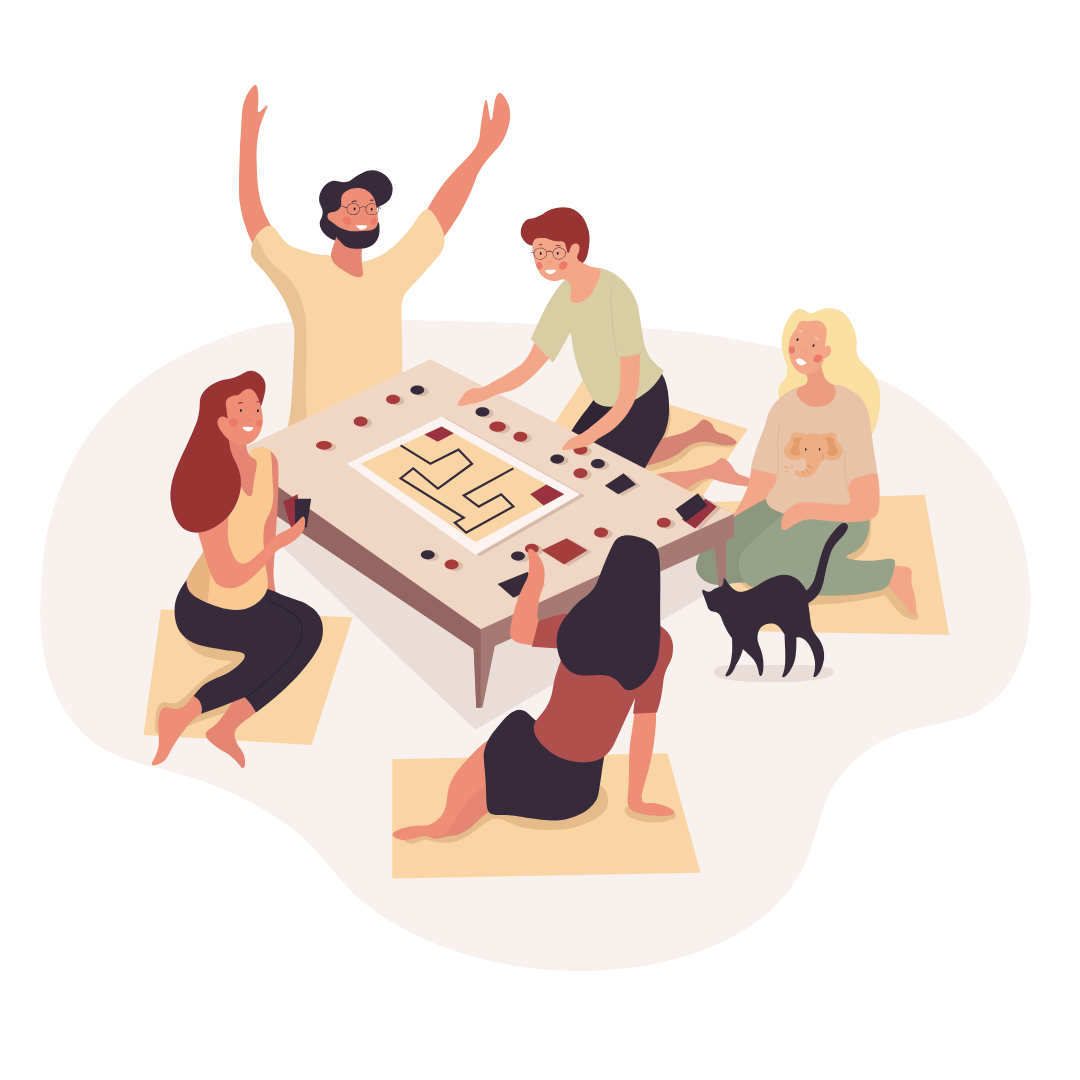 Cartoon image of a group of 4 people and a black cat sat on the floor around a table with a board game on. One of the people has their hands in the air.